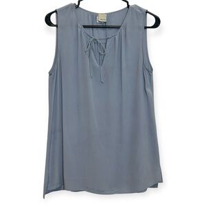 Ecru 100% Silk Powder Blue Tie Front Sleeveless Blouse
